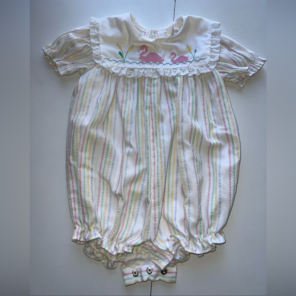 Toddler Romper Vintage Made In Philippines Embroidered Swans Fabric